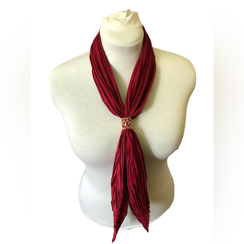 Cranberry Red Pleated Long Scarf with Scarf Ring